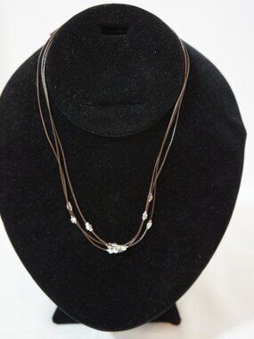 Fossil Vintage Triple Strand Leather Cord Choker Necklace Silver Bead Button Loo